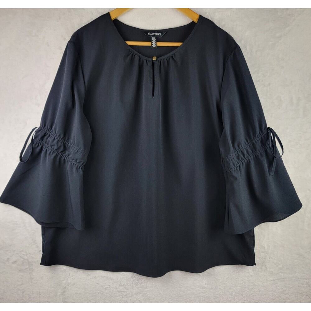 Ellen Tracy Top Black Blouse XL Bell Tie Sleeve Whimsigoth Bohemian Minimalist
